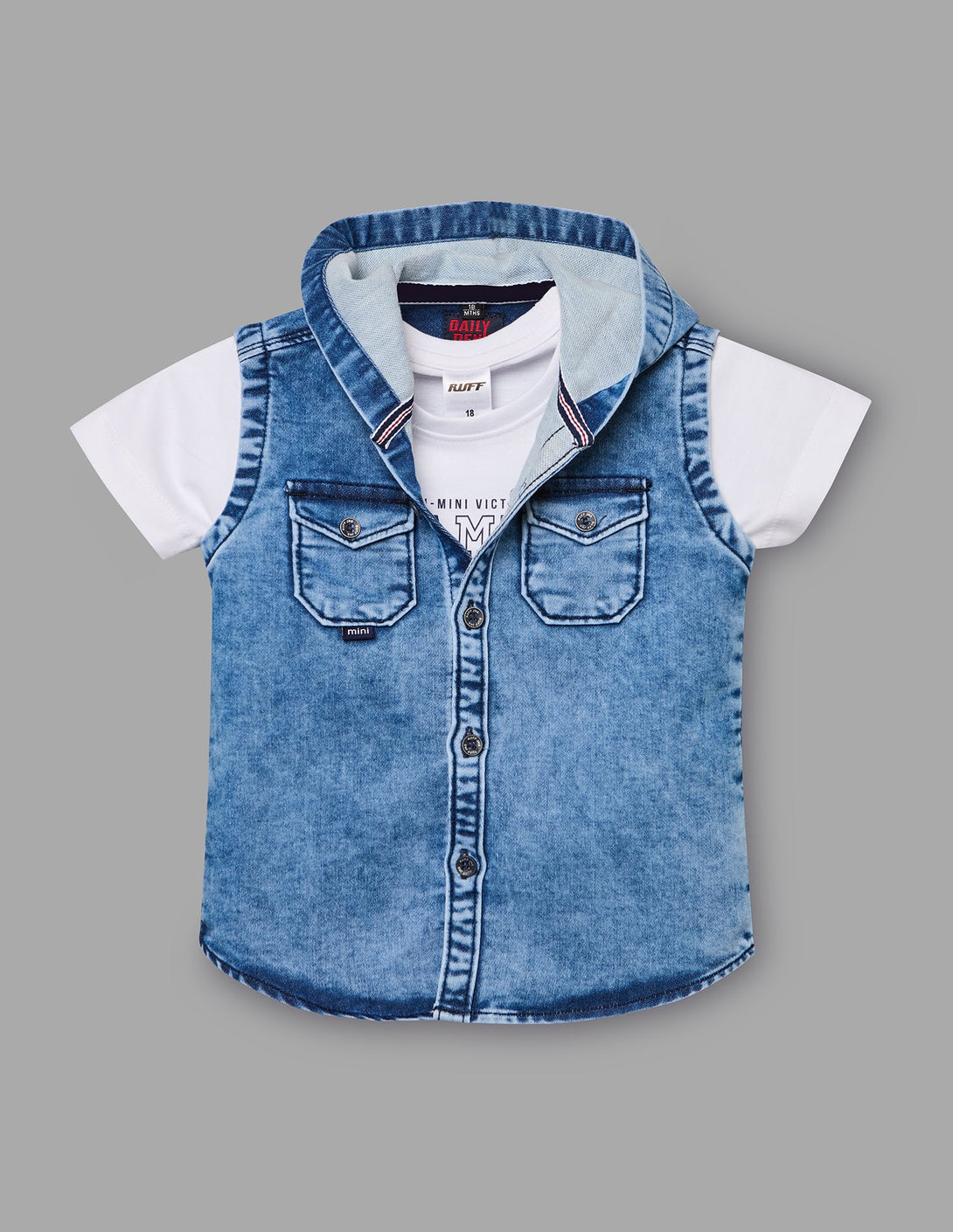 Cotton Denim Hooded Shirt With T-Shirt