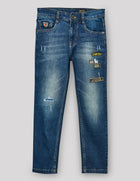 Blue Distressed Embroidery Patch Jeans for Boys